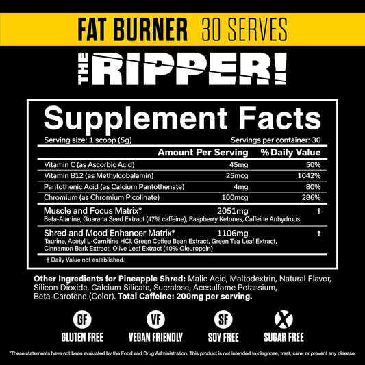 Jnx Sports The Ripper! Shredding Thermogenic Fat Burner - Pineapple Shred 30 Servings | Advanced Fast Acting Thermogenic Pre-Workout, Appetite Suppressant For Men & Women