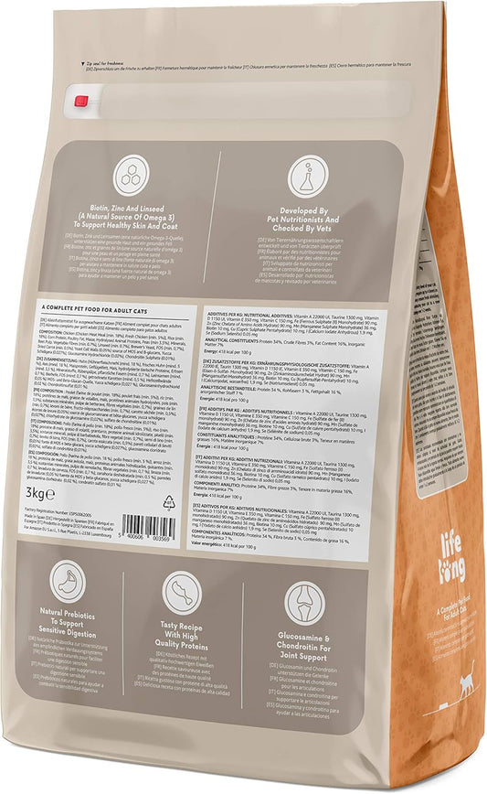 Amazon Brand - Lifelong - Complete Dry Cat Food Rich In Chicken & Rice For Adult Cats, 1 Pack Of 3 Kg5400606003507