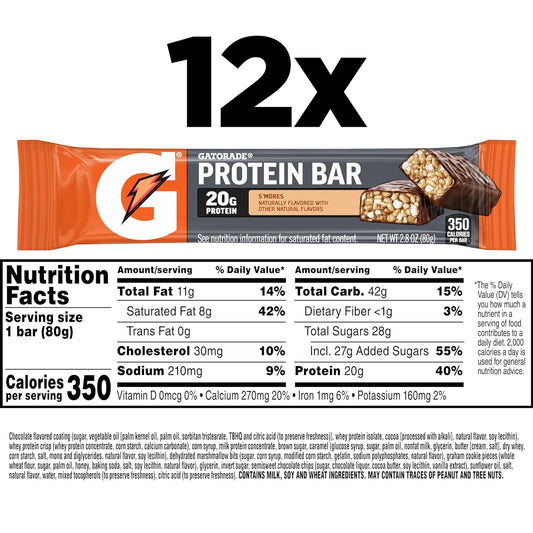 Gatorade Whey Protein Recover Bars, S'Mores, 12 Count(Pack Of 1)