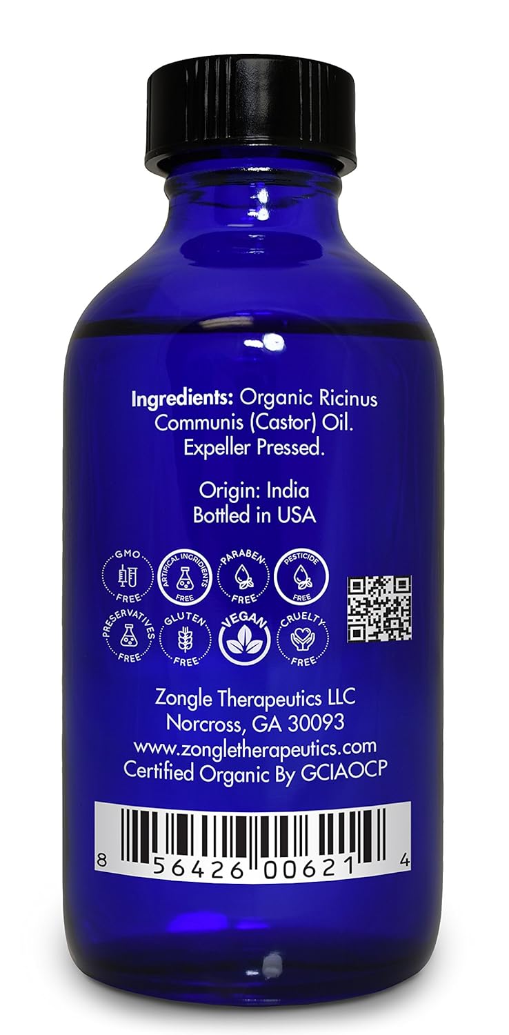 Organic Castor Oil by Zongle, 4 OZ – 100% Pure for Eyelashes, Face, Skin, Belly Button, occasional Constipation, Hair Growth, Eyebrows, Body, Lashes – USDA Certified, Therapeutic Grade : Health & Household