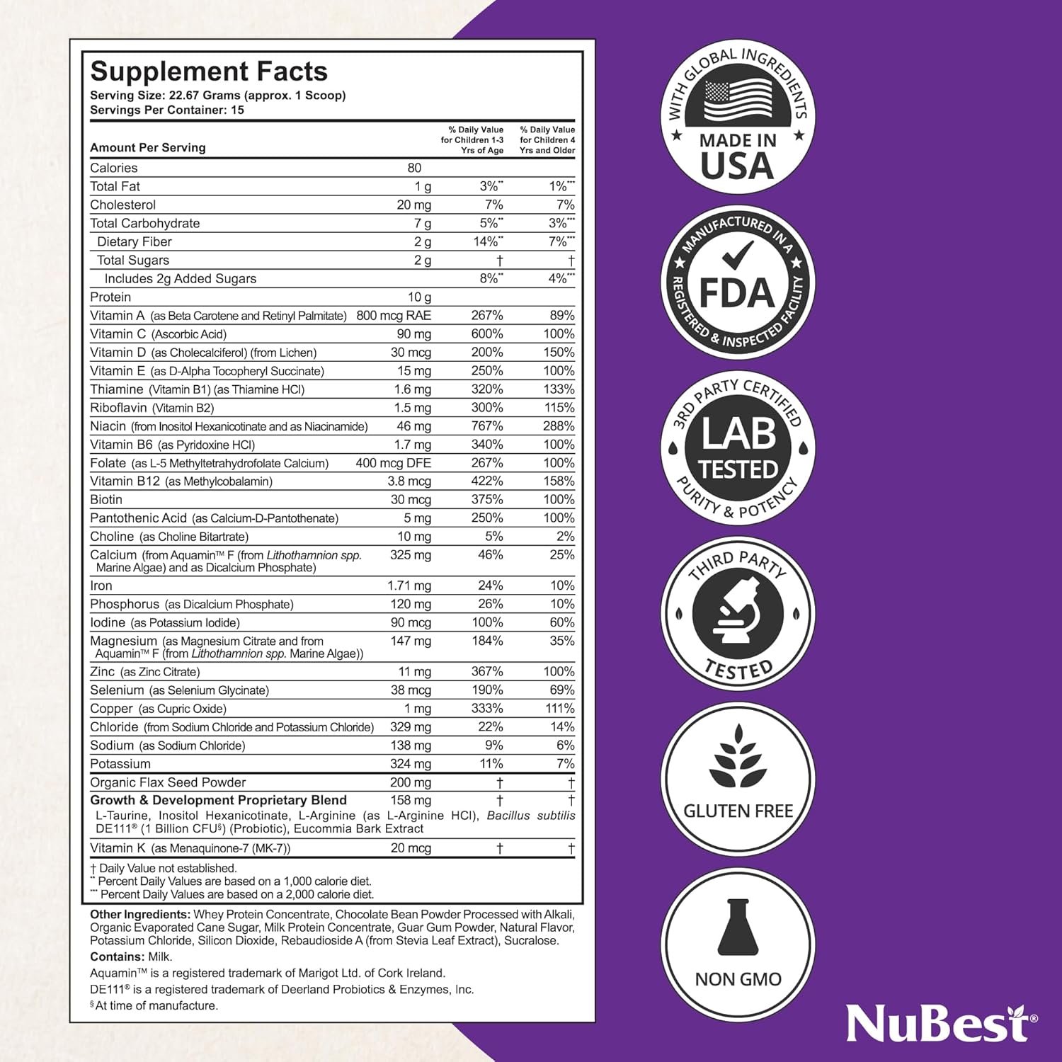 Nubest Tall Protein Powder For Kids & Teens - Whey Protein Powder - Chocolate Protein Powder Shake With Probiotics, Omega 3-6-9, Vitamin D3 + K2, Calcium, Vitamin - 15 Servings | 2 Week Supply : Grocery & Gourmet Food