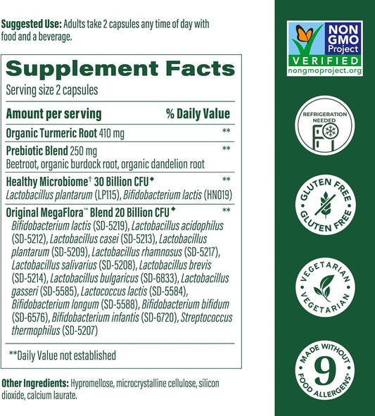 Megafood Megaflora Probiotic + Prebiotics + Turmeric Supplement - Probiotics For Women Digestive Health - 50 Billion Cfus - 14 Strains - Vegetarian - 90 Capsules (45 Servings)