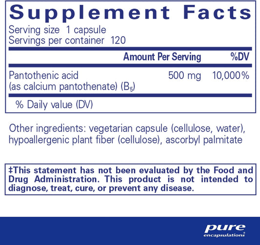 Pure Encapsulations Pantothenic Acid | Hypoallergenic Supplement Supports Cellular Energy Production, Adrenal And Cardiovascular Health | 120 Capsules