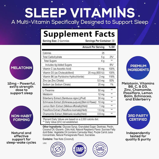 Sleep Vitamins - Fast Acting, Powerful & Natural Sleep Gummy Supplement For Adults - Fall Asleep Naturally With 12Mg Melatonin, Chamomile & Zinc - Nature'S Sleep & Muscle Support - 60 Gummies