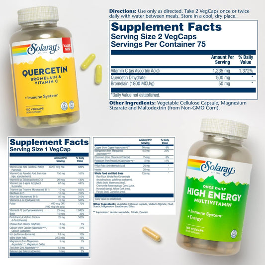 Solaray Once Daily High Energy Multiple & Qbc Plex Bundle | Energy, Respiratory & Immune Support Formulas | 180, 150Ct