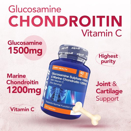 Zipvit Glucosamine And Chondroitin High Strength With Glucosamine Sulphate 1500Mg, Marine Chondroitin 1200Mg And Vitamin C, Joint Care Supplements For Men And Women, 120 Capsules