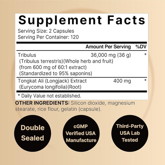 Tribulus Terrestris 36,000Mg With Tongkat Ali 400Mg Per Serving For Men, 240 Capsules โ 95% Steroidal Saponins & Eurycoma Longifolia, Plant Source, Extra Highly Concentrated, Non-Gmo, No Gluten