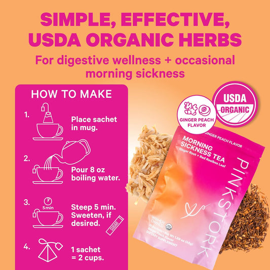 Pink Stork Morning Sickness Bundle With Organic Ginger Peach Tea And Sweets, Supports Morning Sickness For Pregnant Women, Digestion, And Motion Sickness, 1St Trimester Pregnancy Must Haves, Set Of 3