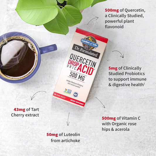 Garden Of Life Quercetin Probiotic & Uric Acid Support With Tart Cherry, Vitamin C From Organic Acerola And Rose Hips Plus Luteolin – Dr Formulated – Gluten Free, Non Gmo – 60 Tablets