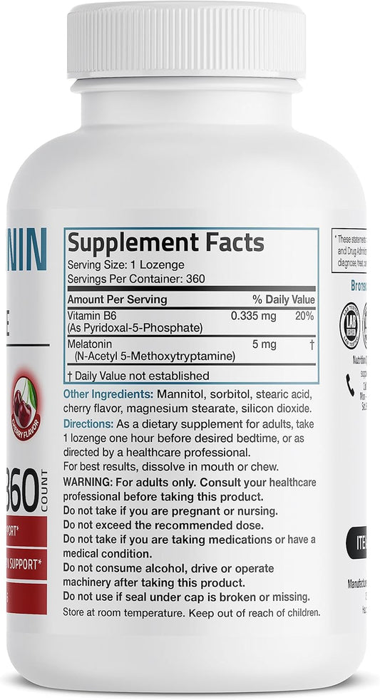 Bronson Melatonin 5Mg Fast Dissolve Cherry Flavor Tablets With Vitamin B6 - Nighttime Sleep Aid - Promotes Relaxation, 360 Vegetarian Chewable Lozenges