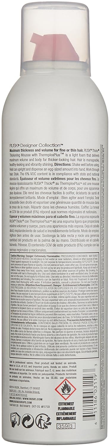 Rusk Designer Collection Thicker Thickening Mousse For Fine Or Thin Hair, 8.8 Oz, Thickening Mousse That Provides Body, Texture, And Hold Without Buildup