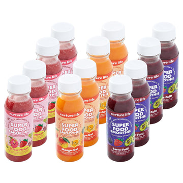 Nurture Life Superfood Smoothies, Healthy Toddler Snacks To-Go W/Hidden Fruits & Veggies, Fruit Smoothies For Kids, No Sugar Added, 12 Bottles, Variety Pack: Mango-Go, Berry-Full & Straw-Nana Flavors