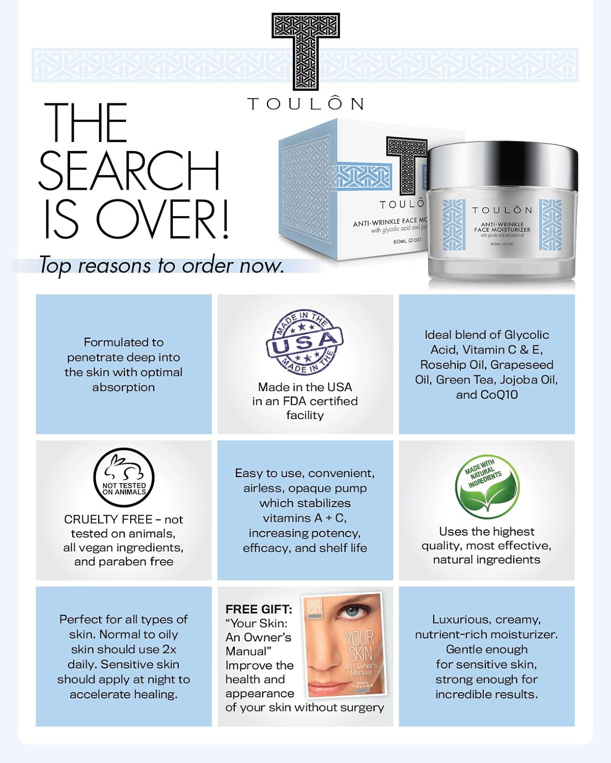 Toulon Glycolic Acid Cream 10% Face Moisturizer. Best Alpha Hydroxy Acid Products; Exfoliating, Anti-Aging Wrinkle Cream With Aha For Acne Prone Skin; Natural Exfoliator For Day And Night