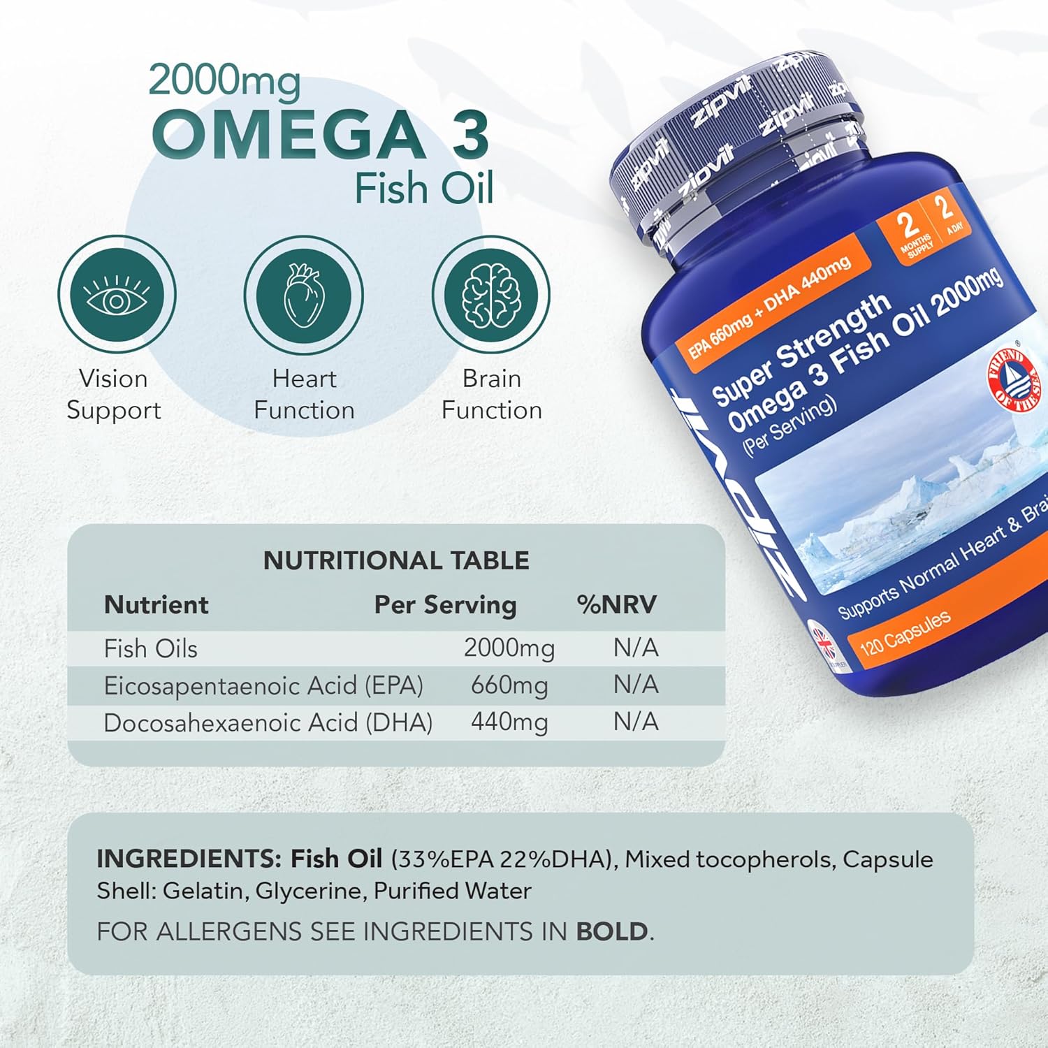 Omega 3 Fish Oil 2000mg, EPA 660mg DHA 440mg per Daily Serving. 120 Capsules (2 Months Supply). Supports Heart, Brain Function and Eye Health. 2 Capsules Per Serving : Amazon.co.uk: Health & Personal Care
