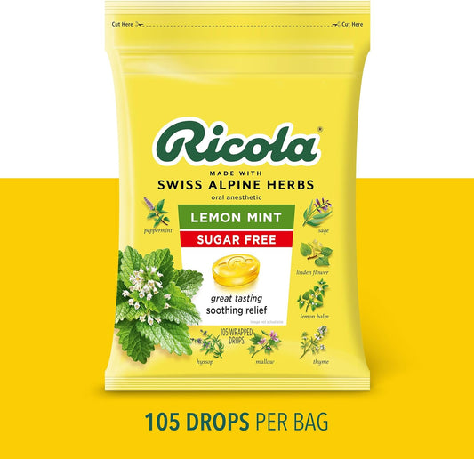 Ricola Sugar Free Lemon Mint Herbal Cough Suppressant Throat Drops, 105Ct Bag