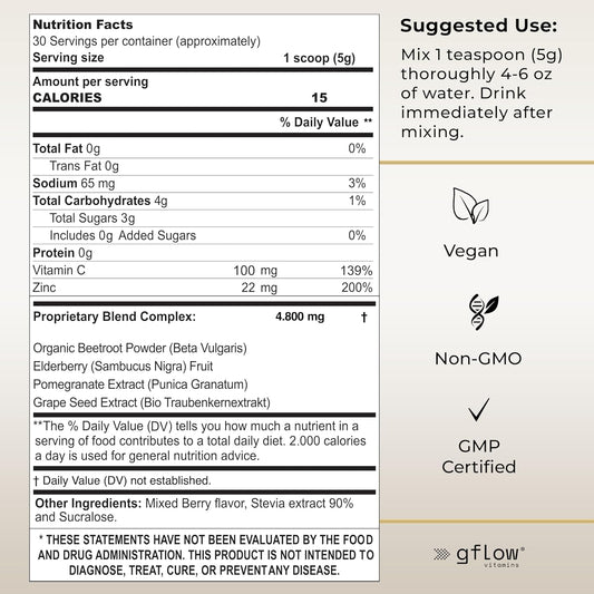 Gflow Vitamins Beet Root Powder - Nitric Oxide Boost And Heart Health - Non-Gmo Superfood Supplement - Natural Berry Mix Flavor, 30 Servings