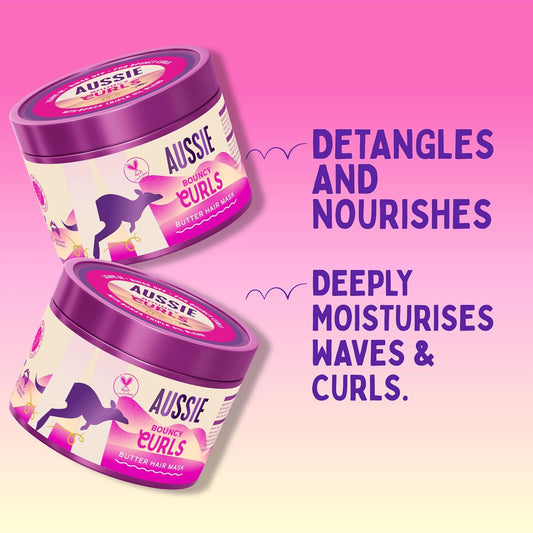 Aussie Bouncy Curls Butter Hair Mask 500Ml To Detangle, Nourish And Deeply Moisturise Wavy And Curly Hair, Infused With Jojoba, Coconut And Australian Macadamia Nut Oils, Vegan And Cruelty-Free