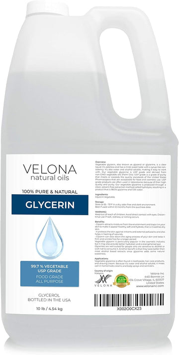 velona Glycerin Vegetable USP Grade 1 Gallon / 128 Fl Oz | 100% Pure and Natural Carrier Oil | Hair and Face Moisturizer for Dry Skin, Bubble Bath, Glycerin Soap, Soap Base | Enjoy Results