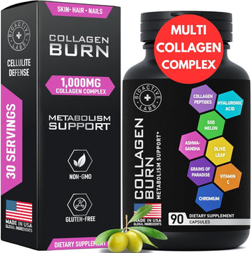 Thermogenic Multi Collagen Burn Capsules - Advanced Type I, Ii, Iii, V, X Hydrolyzed Collagen Peptides Plus Hyaluronic Acid - Metabolism, Cellulite, Skin, Hair, Nails Support - 90 Collagenic Burn Caps