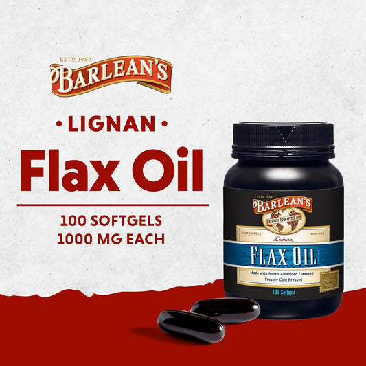 Barlean'S Lignan Flaxseed Oil Softgels, Cold-Pressed Flax Seed Supplement With 1,550 Mg Ala Omega-3 Fatty Acids For Joint & Heart Health, 1000Mg, 100 Ct