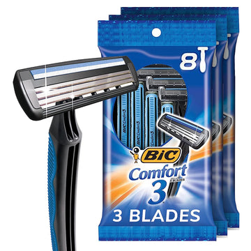 BIC Comfort 3 Disposable Razors for Men for an Ultra-Soothing, Comfortable Shave, 3 8-count Packs of Razors With 3 Blades, 8 Count (Pack of 3)
