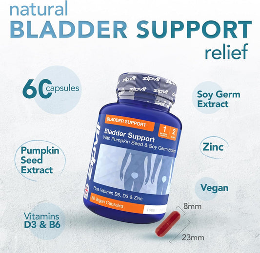 Zipvit Bladder Support With Pumpkin Seed & Soy Germ Extracts. Helps You Go Less Frequently. Enriched With Vitamins D3, B6 & Zinc. 60 Vegan Capsules For Men And Women