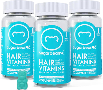Sugarbear Pro Hair Vegan Vitamin Gummies For Luscious Hair With Biotin, Vitamin E, Folic Acid, Inositol, Coconut Oil - Hair And Nails Supplement For Women & Men (3 Month + Free Brush)
