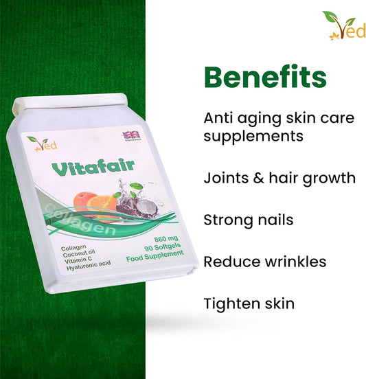 Vitafair Collagen Plus Coconut Oil, Vitamin C, Hyaluronic Acid, 860 Mg 90 Vitafair Blend Of Collagen, Coconut Oil, Vitamin C& Hyaluronic Acid, Support The Condition Of Your Skin, 860 Mg 90 Soft Gel