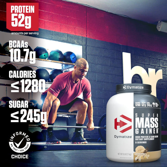 Dymatize Super Mass Gainer Protein Powder, Gourmet Vanilla, 52G Protein, 1G Creatine, 1280 Calories, 10.7G Bcaas, 245G Carbs, Contains Whey Protein Powder, Isolate, And Casein (8 Servings)