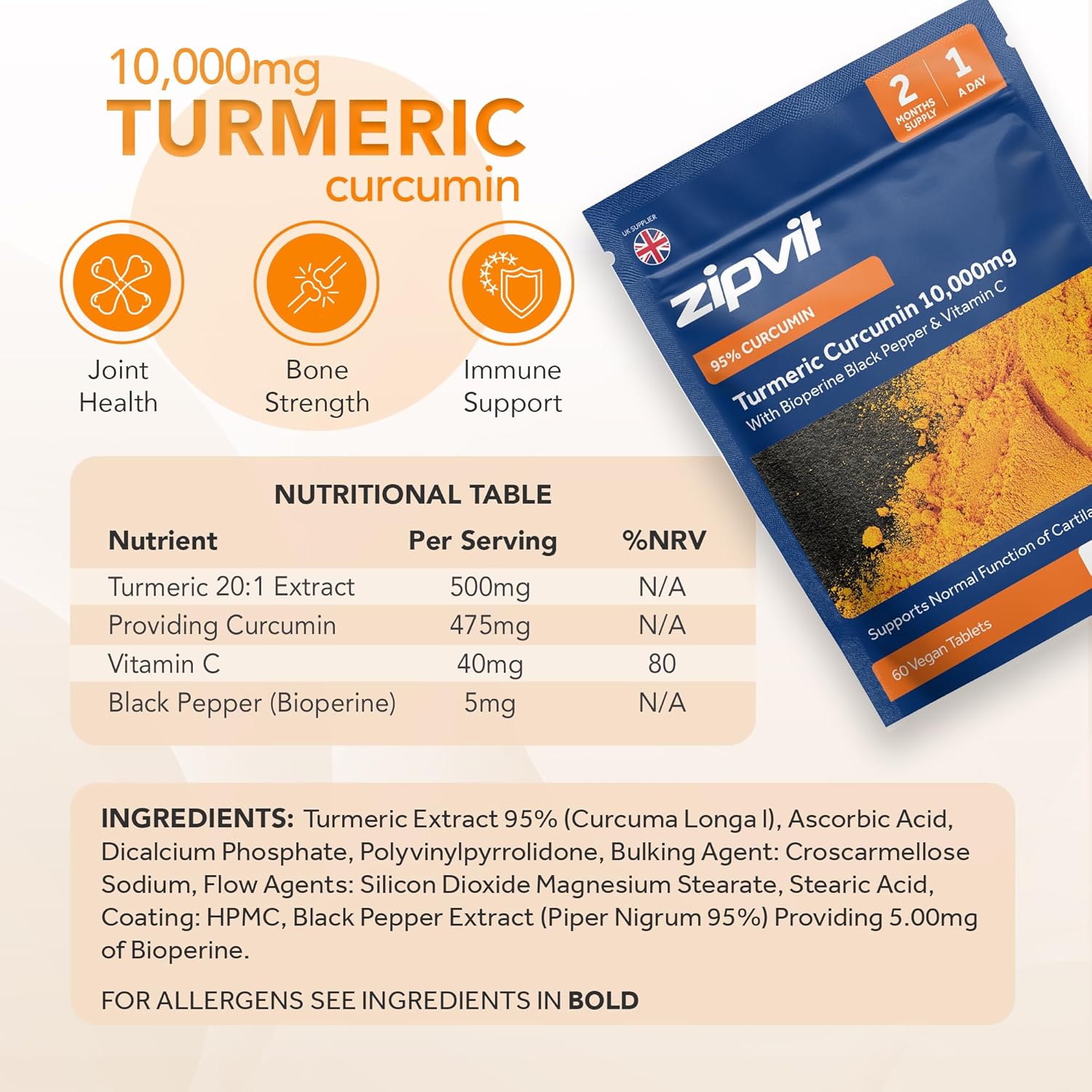 Zipvit Turmeric Tablets 10,000mg Providing 95% Active Curcumin with Bioperine Black Pepper & Vitamin C, 60 Vegan Tablets, 1 a Day, 2 Month Supply : Amazon.co.uk: Health & Personal Care