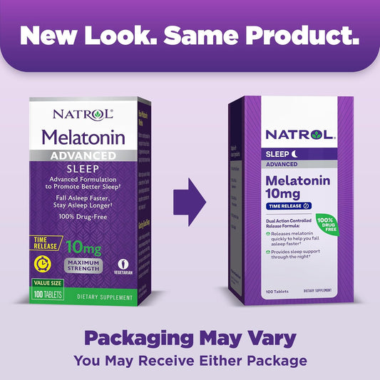 Natrol Melatonin 10Mg Tablets, Advanced Sleep Dietary Supplement For Restful Sleep, 100 Melatonin Time Release Tablets, 100 Servings