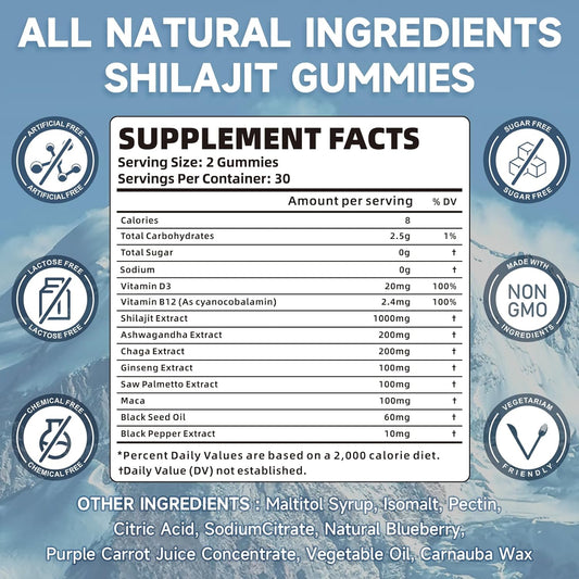2 Packs Pure Himalayan Shilajit Gummies For Men & Women - Sugar-Free Shilajit Supplement Rich In 85+ Trace Minerals & Fulvic Acid, Providing Energy, Brain, And Immunity Support - 120 Gummies
