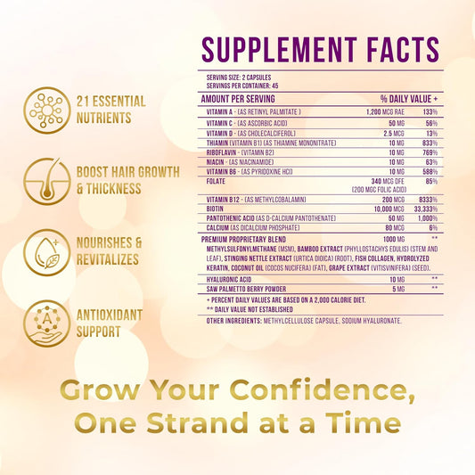 Hair Growth Vitamins for Women - Postpartum Biotin & Collagen Supplement - Premium Hair Loss Treatment - Fast Regrowth for Hair Skin and Nails - Accelerate Thickness + Volume | 90 Count
