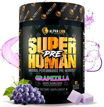 Alpha Lion Superhuman Pre Workout Powder, Beta Alanine, L-Taurine & Tri-Source Caffeine For Sustained Energy & Focus, Nitric Oxide & Citrulline For Pump (21 Servings, Grapezilla)