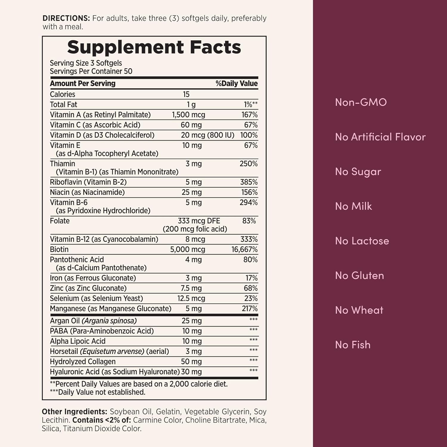 Nature's Bounty Advanced Hair, Skin & Nails, Argan-Infused Vitamin Supplement with Biotin and Hyaluronic Acid, 150 Rapid Release Softgels : Health & Household