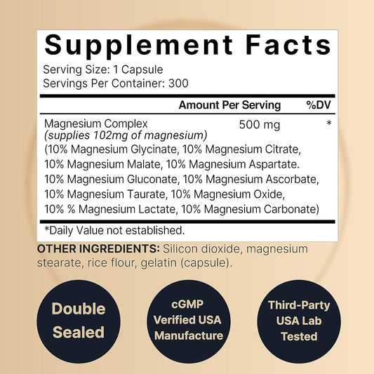Naturebell Magnesium Complex Supplement 500Mg, 300 Capsules | 10 Active Forms – Glycinate, Citrate, Taurate, Plus More | 100% Chelated & Purified | Bone, Heart, & Muscle Support | Non-Gmo