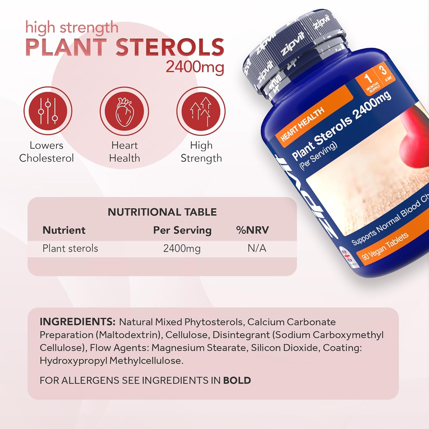 Zipvit Plant Sterols High Strength 2400mg, 90 Vegan Tablets, Supports Maintenance of Normal Blood Cholesterol, Vegan and Vegetarian Friendly : Amazon.co.uk: Health & Personal Care