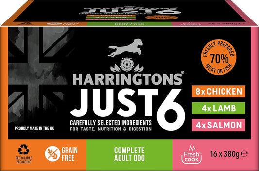 Harringtons Just 6 Complete Grain Free Hypoallergenic Mixed Wet Adult Dog Food 380G (Pack Of 16) - In A Tasty GravyHarrj6Wm-C380