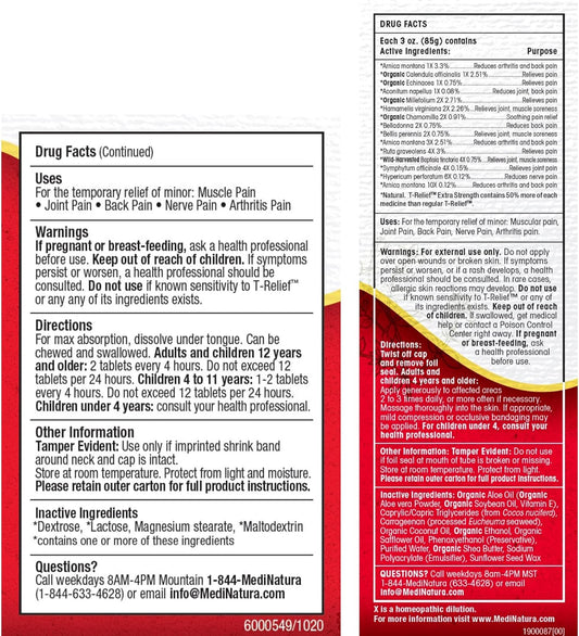 Medinatura T-Relief Extra Strength Pain Relief Arnica +12 Plant-Based Pain Relievers 100Ct Tablets T-Relief Extra Strength Pain Relief 3Oz Cream Bundle