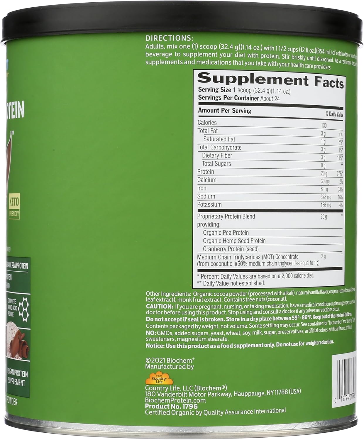 Biochem 100% Vegan Protein, Natural Amino Acids, Gluten Free, Keto, Non Whey, Pea & Hemp Protein Powder For Women And Men, 24 Servings 2 Lb (Chocolate) : Health & Household