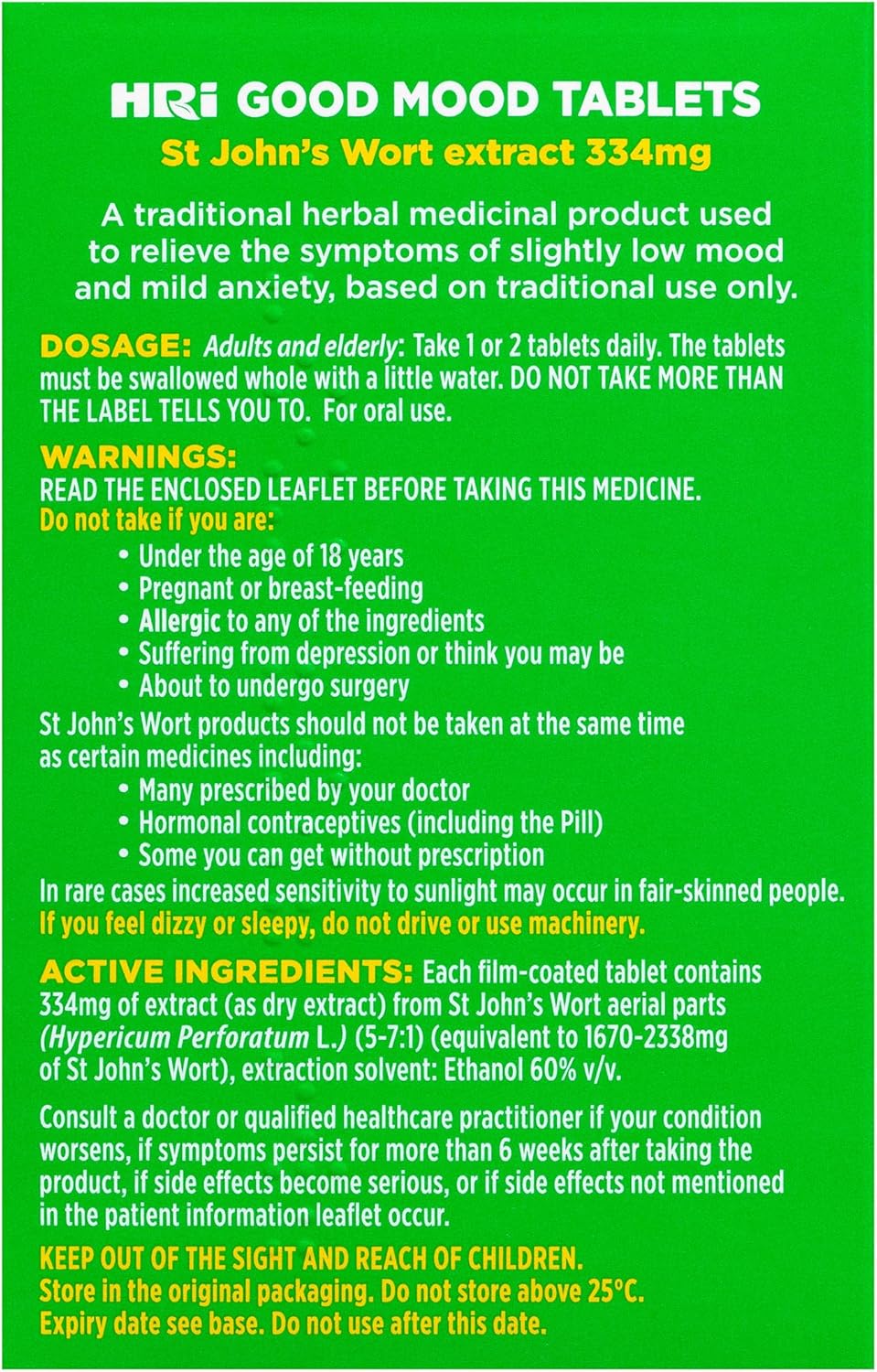 HRI Good Mood 30 Tablets - to Relieve The Symptoms of Slightly Low Mood and Mild Anxiety. 334 mg of St John's Wort Extract, Equivalent to 1670mg – 2338mg of St John’s Wort. 1 Pack : Amazon.co.uk: Health & Personal Care