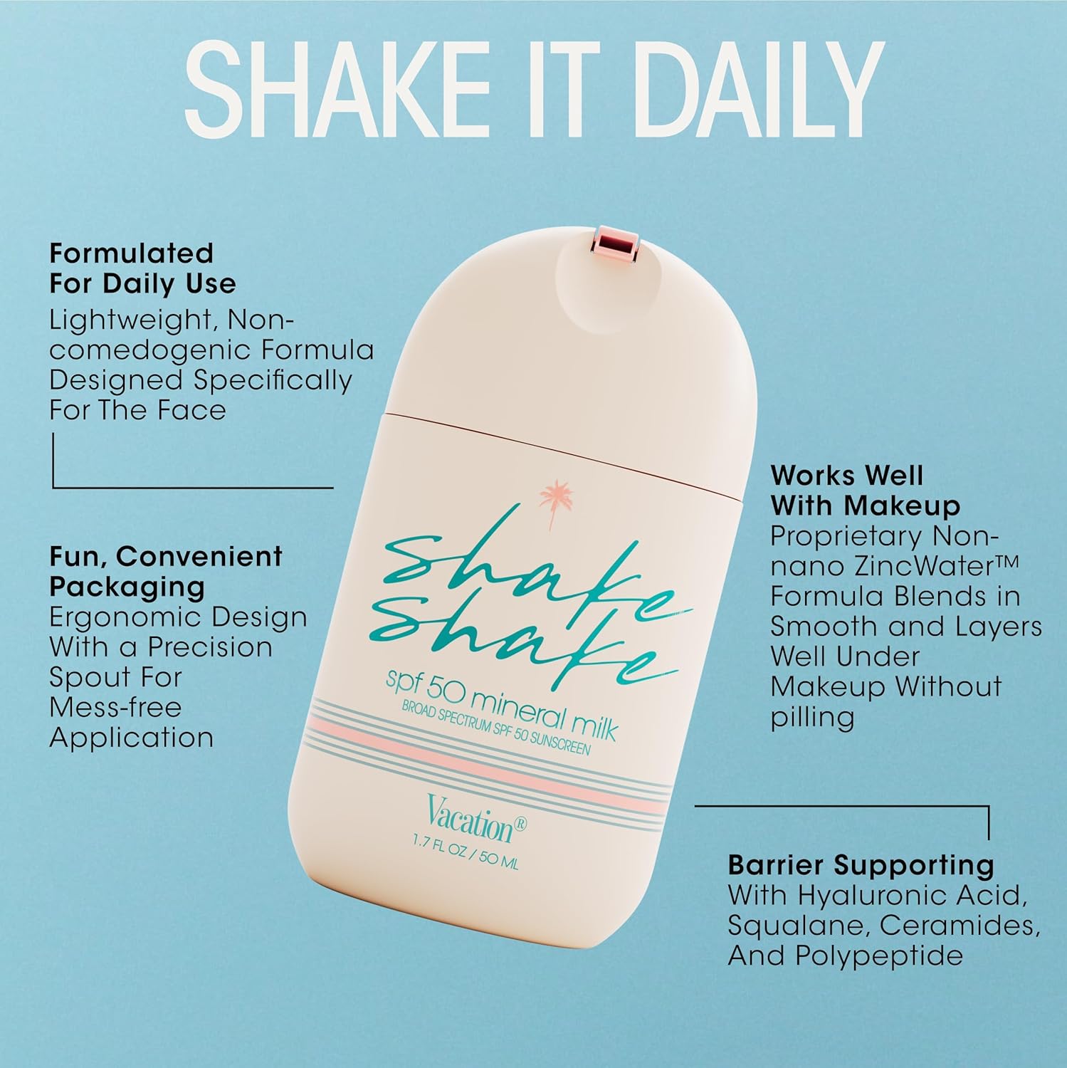 Vacation Shake Shake Spf 50 Mineral Milk Face Sunscreen, Non-Comedogenic, Streak-Free, Water-Resistant Broad Spectrum Sun Block, Non-Nano Zinc Formula, Vegan, Moisturizer With Spf, 1.7 Fl. Oz. : Beauty & Personal Care