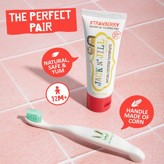 Jack N' Jill Tooth Buddy: Natural Certified Toothpaste (Strawberry) & Kids Toothbrush - Handle & Packaging Made From Corn, Organic Fruit Flavour, Safe If Swallowed, Makes Tooth Brushing Fun For Kids