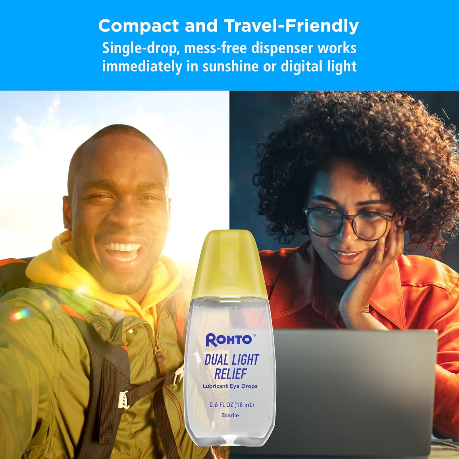 Rohto Dual Light Relief Cooling Lubricant Eye Drops, Protect Against Sun Irritation & Digital Eye Strain, Fast-Acting Relief Of Dry Eyes, Irritation, Grittiness, Burning & Stinging, 0.6 Fl Oz : Health & Household