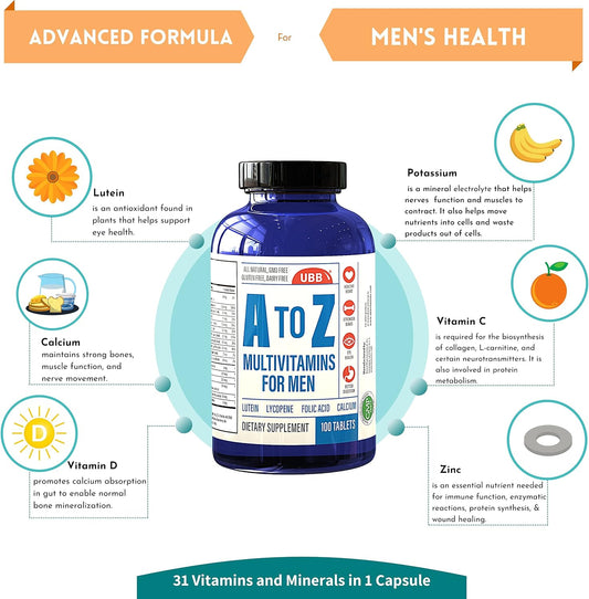 A To Z Multivitamin And Multimineral Supplement For Men - 3 Month Supply - Vitamins A C D E K B1 B2 B6 B12 Magnesium Calcium Biotin Potassium Zinc - Antioxidants For Heart & Immune Health (100 Count)