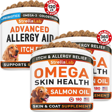 Advanced Allergy & Itch Relief + Omega 3 Dogs Bundle - Skin & Coat Health + Allergy & Itch Relief - Fish Oil Omega 3 & Probiotics - Anti-Itch&Hot Spots + Skin&Coat Supplement - 480 Chews - Made In Usa