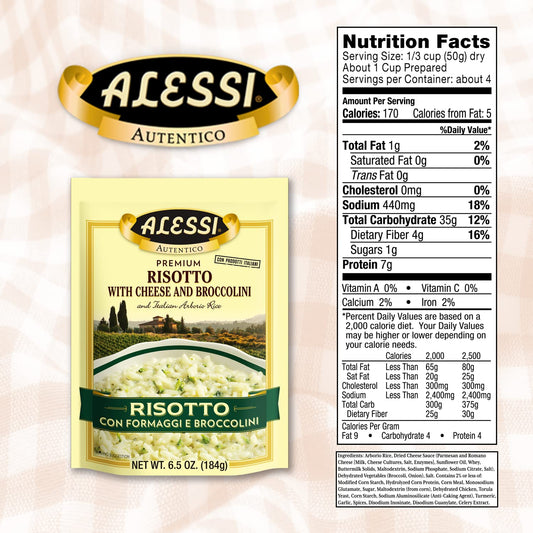 Alessi Autentico, Premium Seasoned Risotto, Italian Arborio Rice, Easy To Prepare, 6.5 Ounce (Cheese & Broccolini, Pack Of 6)