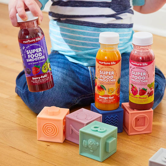 Nurture Life Superfood Smoothies, Healthy Toddler Snacks To-Go W/Hidden Fruits & Veggies, Fruit Smoothies For Kids, No Sugar Added, 12 Bottles, Variety Pack: Mango-Go, Berry-Full & Straw-Nana Flavors