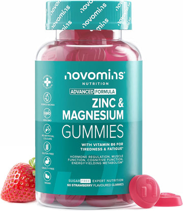 Zinc & Magnesium Gummies - Sugar Free - 60 Gummies - Zma Supplements For Men & Women - Muscles, Bones & Energy - With Vitamin B6 - High Strength Magnesium & Zinc Supplements - Novomins