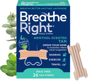 Breathe Right Extra Strength Nasal Strips, Menthol Scented, Drug Free, Less Snoring & Better Breathing From Nasal Congestion, Tan, 26 Count